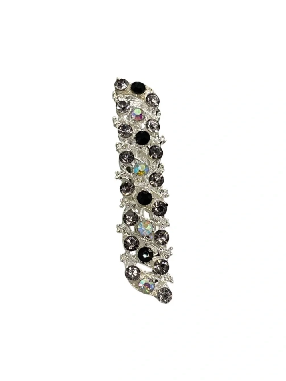 Sparkling Crystal Rhinestone Barrette - Silver with Black & Iridescent Stones